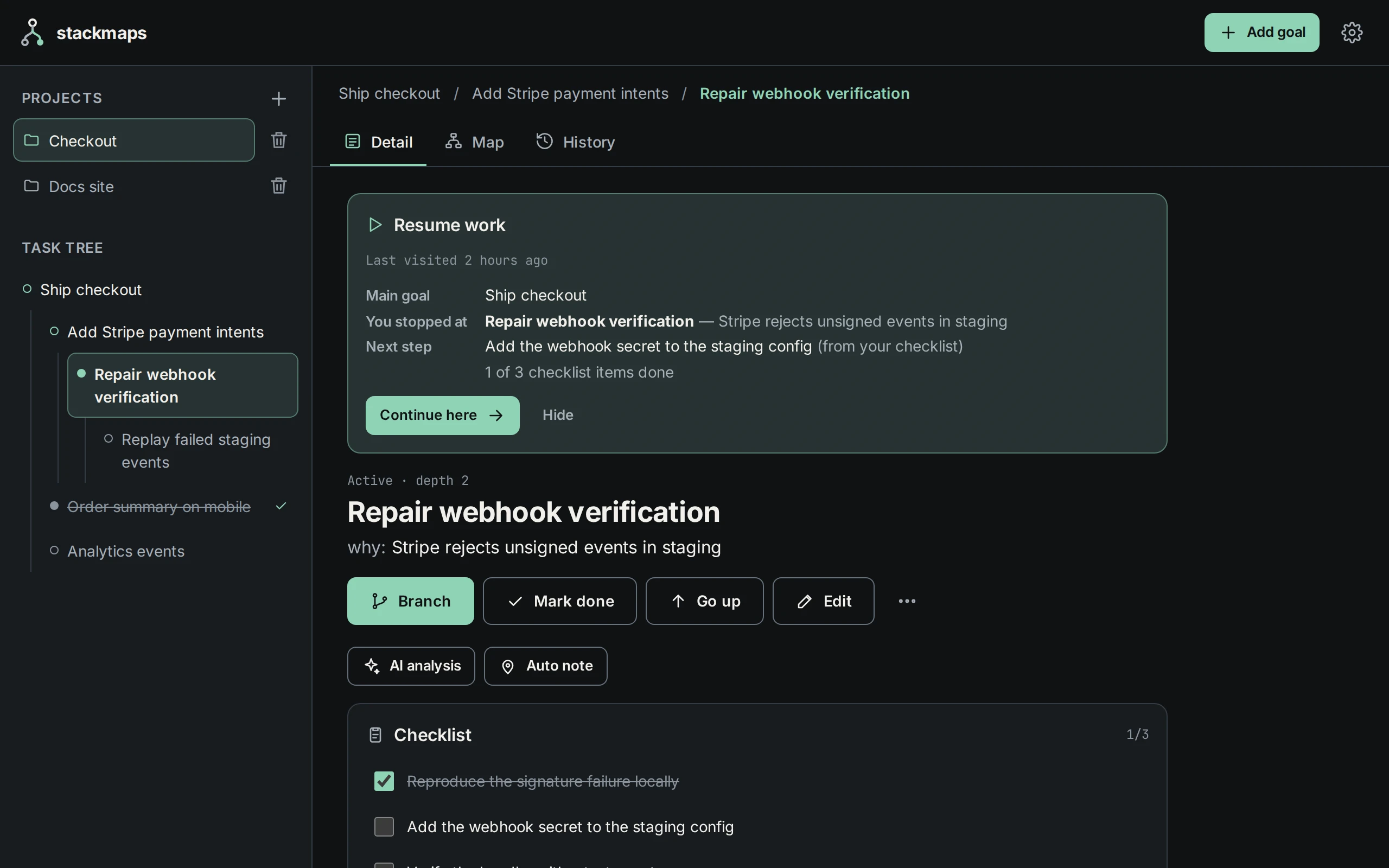 Stackmaps showing the Checkout project: a task tree on the left with Repair webhook verification selected, and on the right a resume card with the main goal, where you stopped and the next step, above the task's reason, actions and checklist.