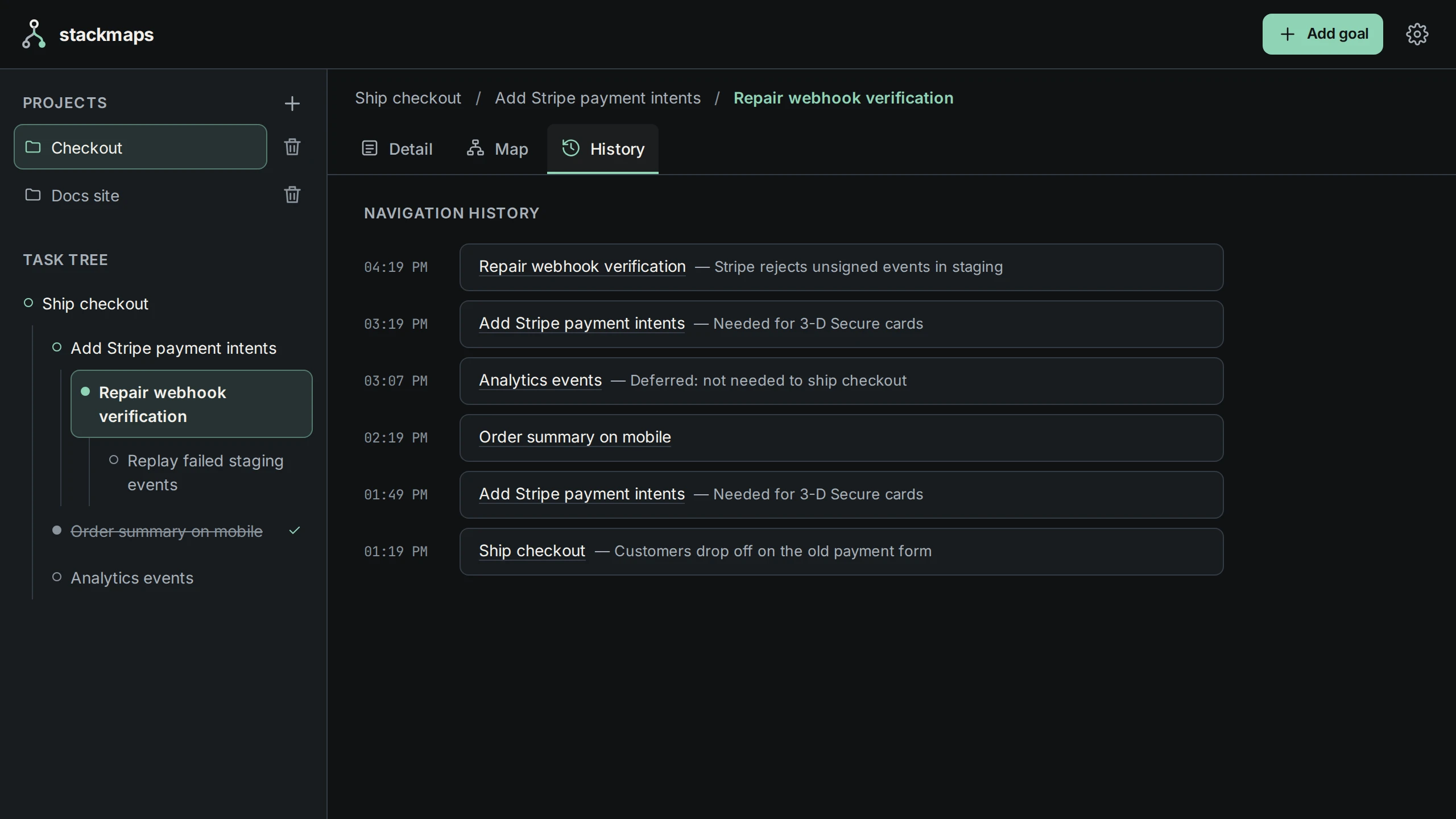 The navigation history of the Checkout project: timestamped entries for Ship checkout, Add Stripe payment intents, Order summary on mobile, Analytics events and Repair webhook verification, each with its reason.